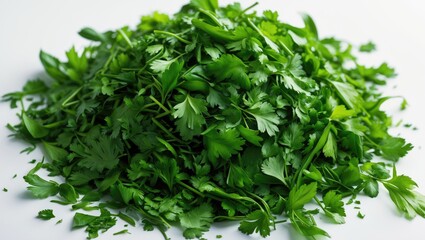 Obraz premium Closeup of raw spinach chopped leaves on a white background.