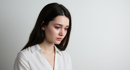 Fototapeta premium Crying Young Woman with Tears in White Shirt Against Plain Background