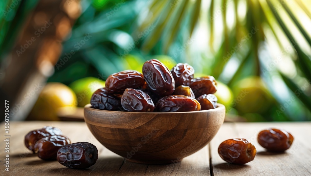 Poster close-up image of dates, date fruits in a bowl and on the wooden table, with a dates tree in the bac