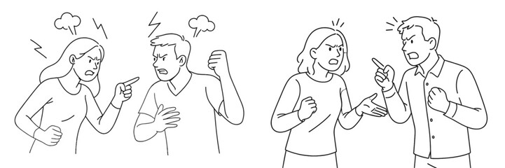 Couples arguing during a disagreement in a stylized drawing conveying emotional tension and frustration
