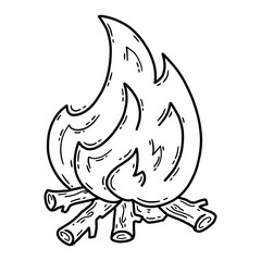 Vector linear hand drawn icon of a campfire with burning logs in doodle style.