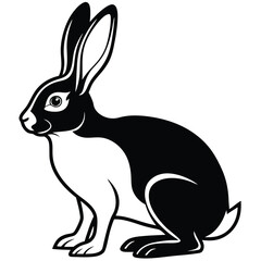 Stylized black and white rabbit with long ears rests quietly in simple form