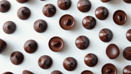 Fototapeta premium Chocolate chips morsels from top view isolated on background, showcasing individual pieces.