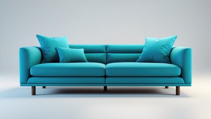 Blue fabric sofa with pillows, isolated on background with clipping path.