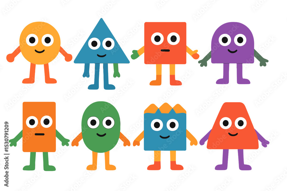 Poster colorful cartoon characters representing shapes standing together in a playful arrangement