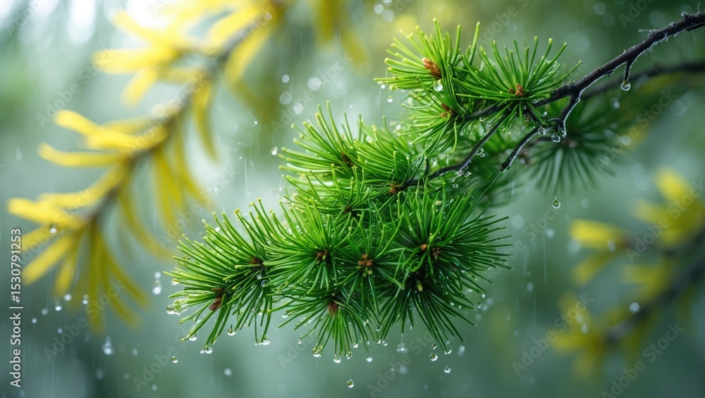 Poster macro image of a branch of a coniferous tree with detailed features.