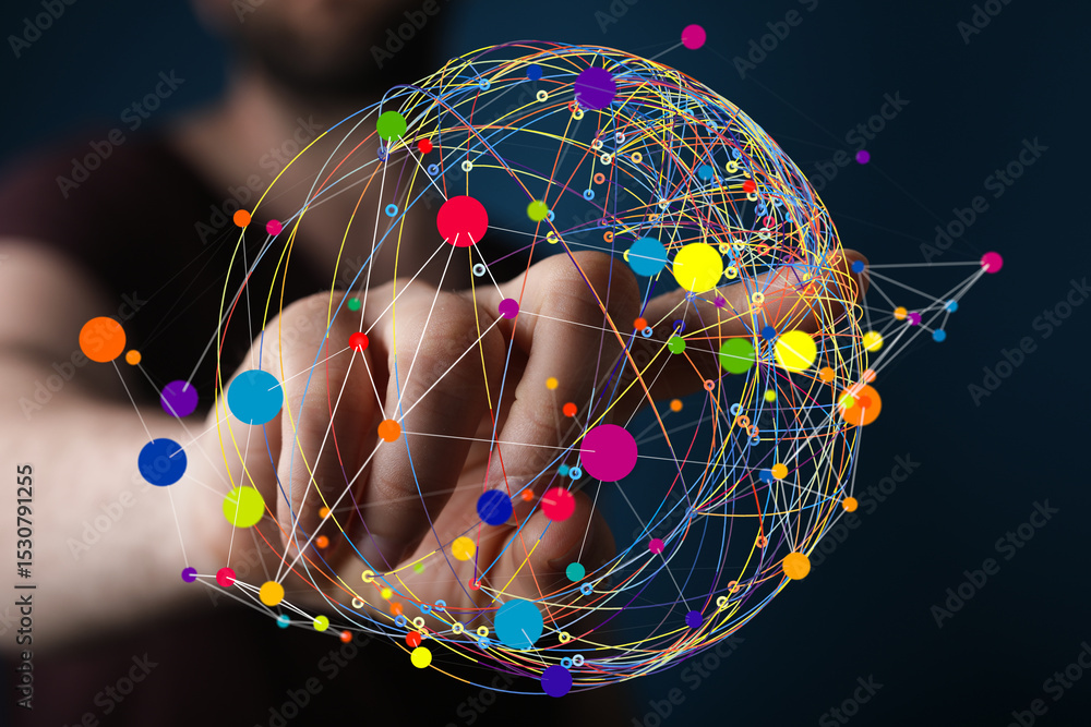Poster Abstract image of a hand interacting with a colorful network sphere.  Represents connection, technology, and global communication.