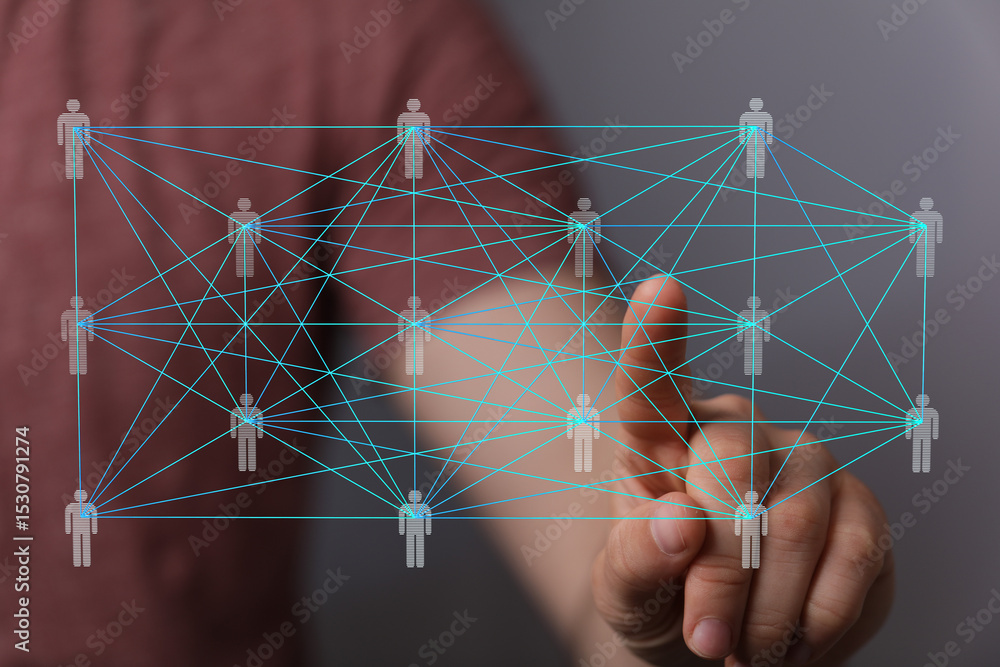 Aufkleber hand interacting with a digital network of interconnected people, representing global communication 