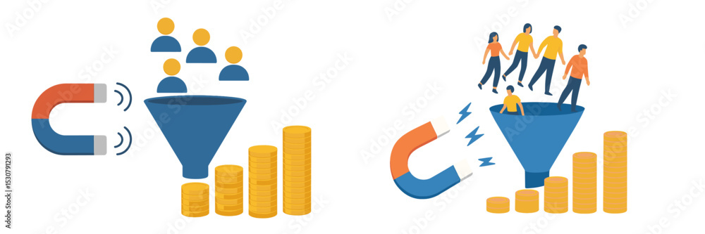 Aufkleber Marketing concept showing customer attraction and revenue generation using a funnel and magnet in a modern digital environment