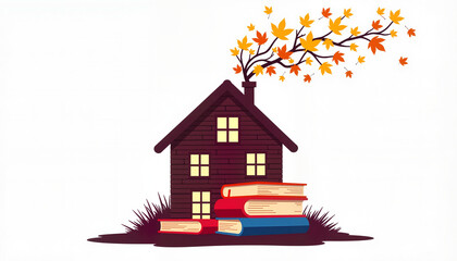 House illustration made of books with leaf chimney, vector style