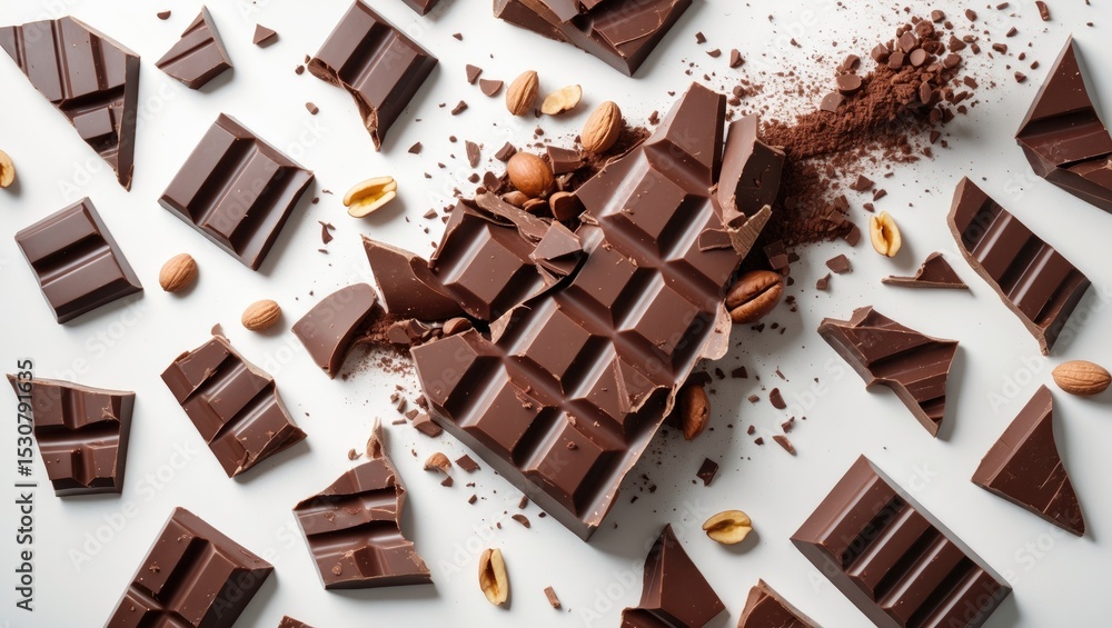 Poster broken chocolate bar pieces flying. isolated chocolate on background. explosion with cocoa crumbs an