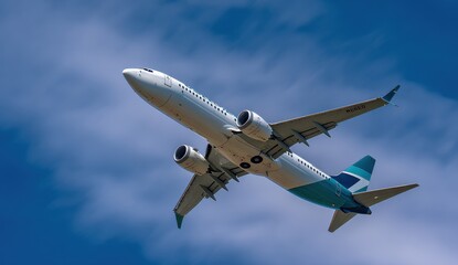Fototapeta premium White and Teal Passenger Jet Ascending Against a Blue Sky