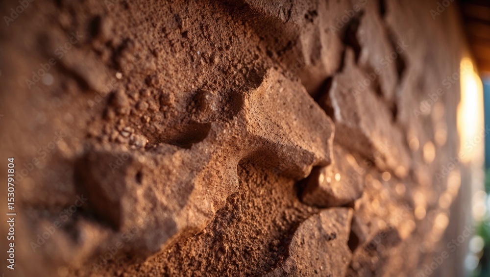 Poster close-up of soil wall texture in house structure illuminated by light. selective focus.