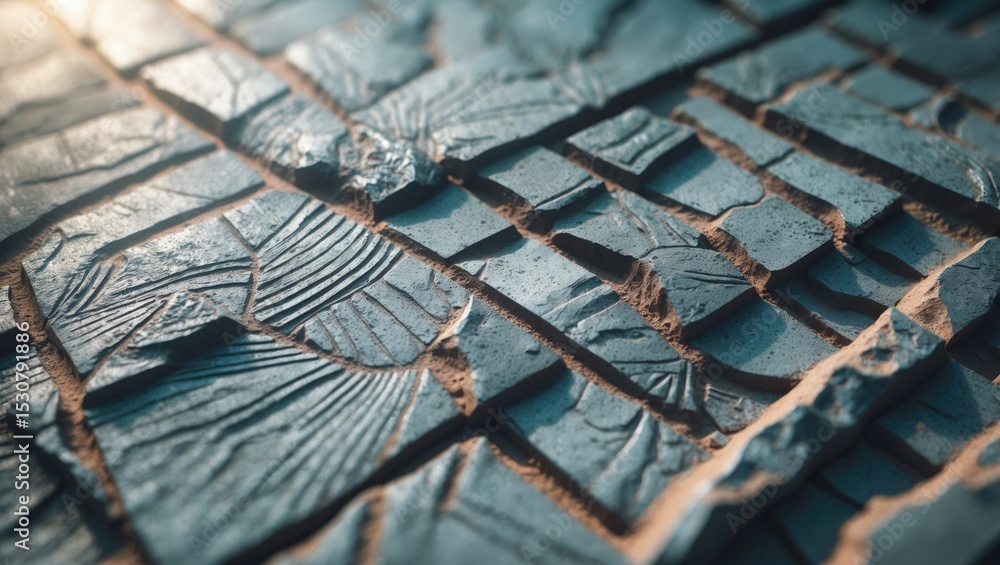 Poster close-up of a stone surface featuring detailed carved patterns and aged textures.