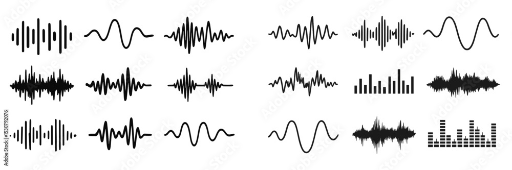 Poster Various sound wave patterns represented in black graphics showcasing different frequencies and amplitudes in a clean layout