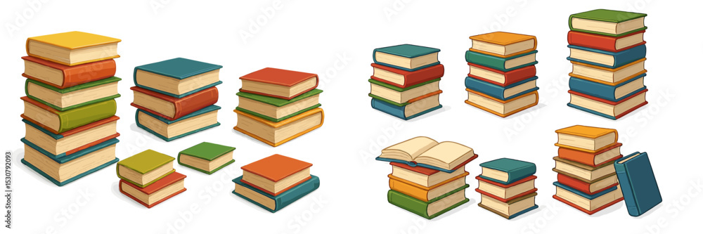 Poster colorful stacks of books arranged on a white background showcasing various sizes and orientations