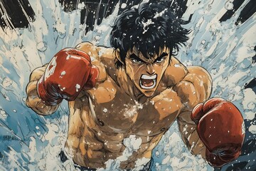 Tomoi's fierce action comics in the ring from a close-up view depict intense moments, tensed muscles and audience cheers drawn in a bold and dynamic style