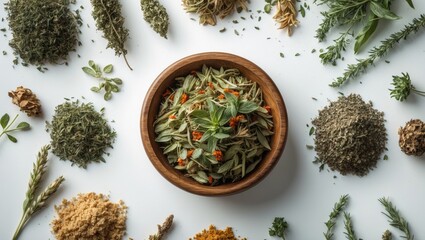 Fototapeta premium Capsella bursa-pastoris placed in a small wooden bowl, isolated on white background.