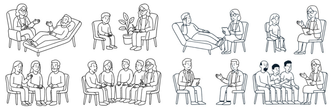 Various therapeutic activities depicting individuals in conversation, guidance, and support across different settings