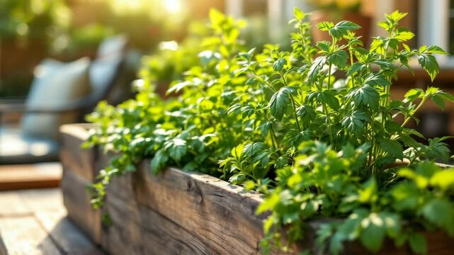 lush green herbs in a rustic wooden planter box bathed in sunlight on a tranquil outdoor space
