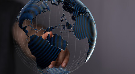 High-quality stock photo of a hand interacting with a digital 3D globe, representing global...