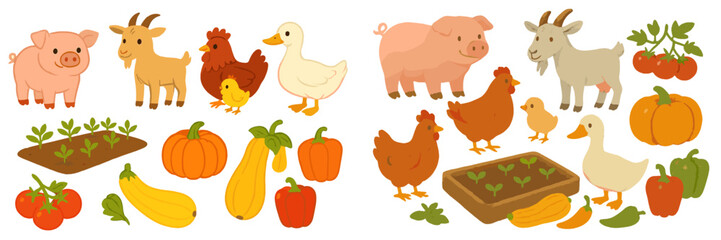 Obraz premium Farm animals and fresh produce populate a colorful countryside illustration depicting sustainable agriculture