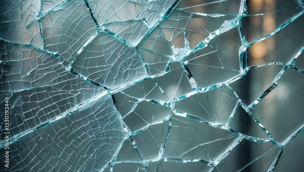 Poster broken glass with cracks on the window and numerous small fragments, including many tiny cracks.