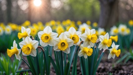 Obraz premium Blooming daffodils in the garden. Meadow illuminated by evening sun filled with yellow daffodils. Spring bulbs.