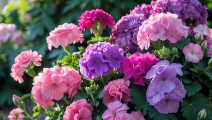 Close-up of ivy-leaved pelargonium flowers in shades of pink during July.