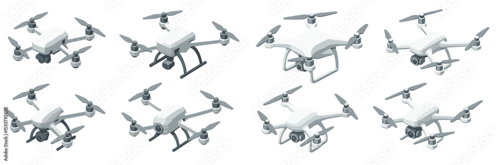 Poster Collection of modern drones displayed on a white background showcasing various designs and features for technology enthusiasts