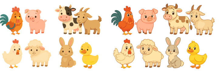 Farm animals gathering and playing together in a colorful illustration showcasing various characters and their friendly interactions