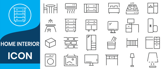 Home interior icon set. Furniture and house decoration vector illustration. Line icons collection.  Home Decoration,  Home Accessories, Rug and Carpets icon set.