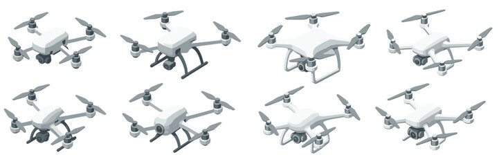 Collection of modern drones displayed on a white background showcasing various designs and features for technology enthusiasts