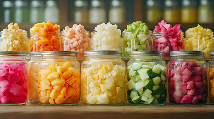 A vibrant collection of assorted fermented foods displayed in clear glass jars, featuring a colorful array of textures and hues from vegetables and fruits, symbolizing healthy probiotic rich cuisine