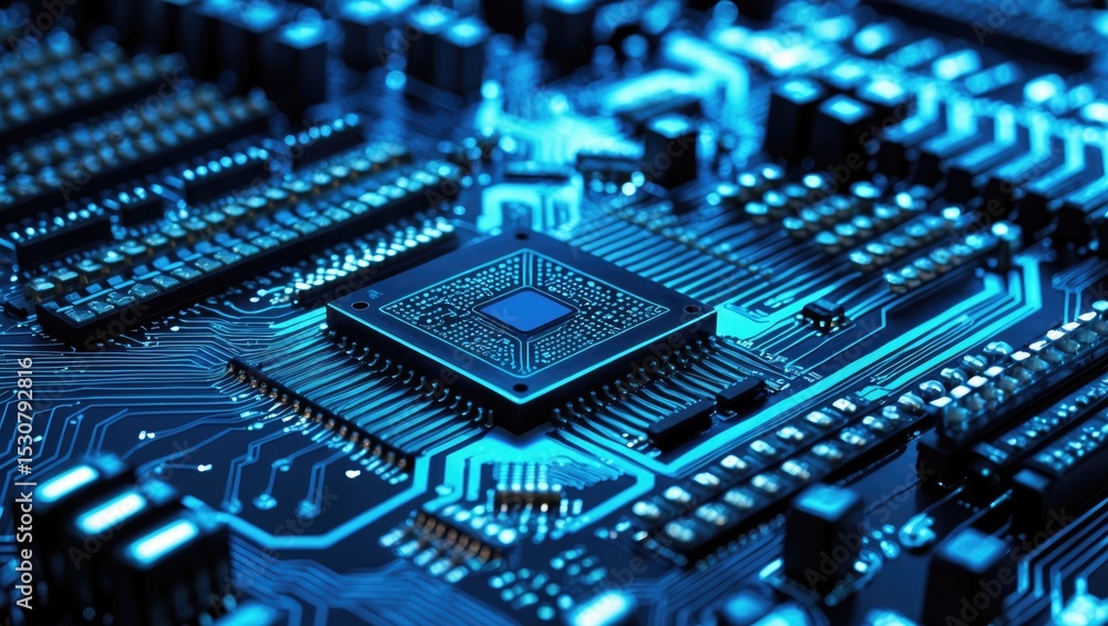 Poster close-up of computer graphic mainboard circuit board technology art abstract background viewed from 