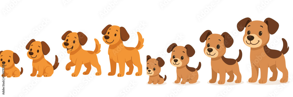 Poster cartoon dogs of various sizes playfully arranged in a line showcasing growth and development stages