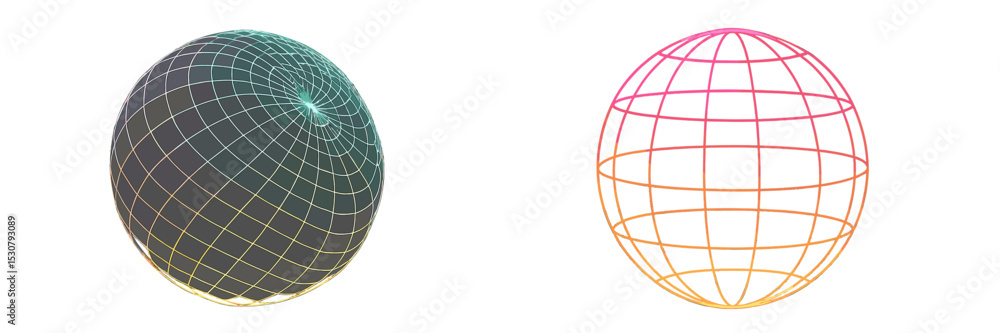 Aufkleber geometric design showcasing two spheres with contrasting wireframe styles and gradient colors