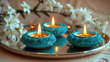 Clay diyas lit with oil, decorated with kumkum jasmine, represent light, prosperity, and fresh beginnings.
