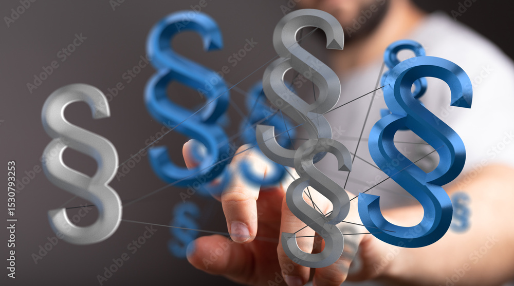 Poster abstract image of interconnected paragraph symbols, representing legal frameworks and connections.