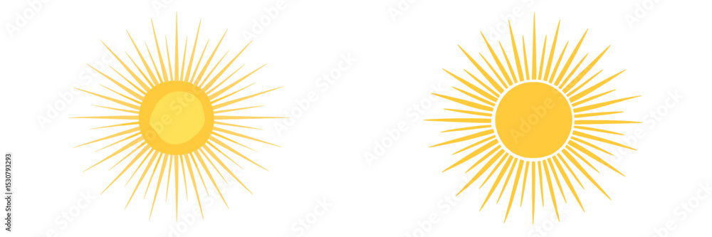 Poster bright yellow sun design with radiating rays on a white background suitable for various creative pro