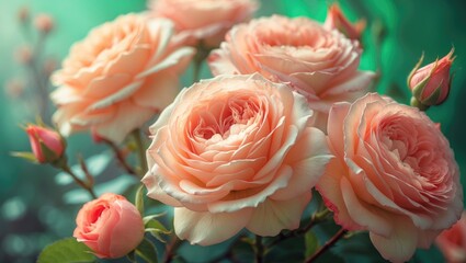 Bronze, pink, and orange color Floribunda Rose Together Forever blooming in a garden in July 2022