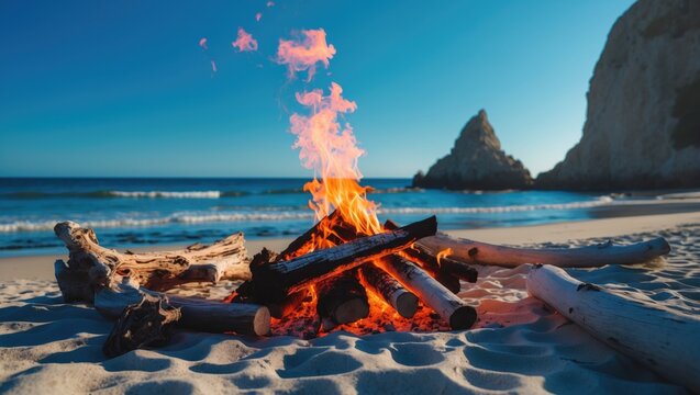Bonfire and Driftwood on Peaceful Beach at Eye Level