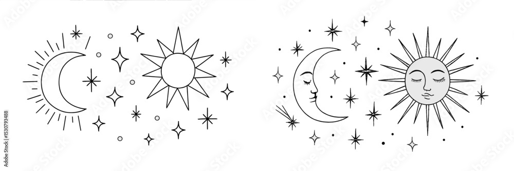 Poster celestial elements of sun and moon depicted in intricate line art featuring stars and faces