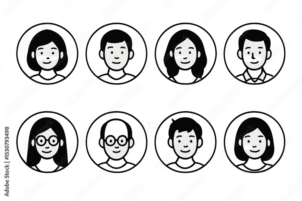 Poster diverse group of illustrated characters showcasing various hairstyles and features in a simple desig
