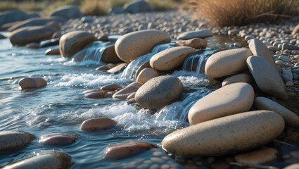 Clear river water flowing over smooth rocks, forming small rapids in a natural environment.