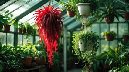 Close-up of the Red Rhipsalis Mistletoe Cactus Pseudorhipsalis ramulosa succulent plant.