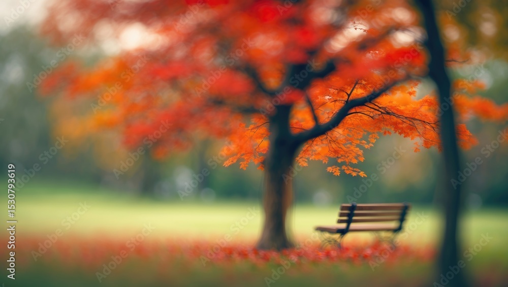 Poster blurred background of a vibrant autumn scene featuring a red maple tree and an empty bench in a colo