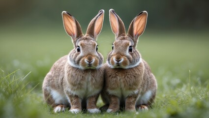 Obraz premium Close-up of two adorable little rabbits in a meadow, UK.