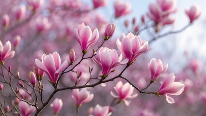 Blooming magnolia tree in spring garden showcasing vibrant blossoms.