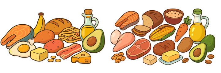 Obraz na płótnie Canvas Variety of healthy foods arranged artistically on a white background showcasing natural ingredients for balanced meals
